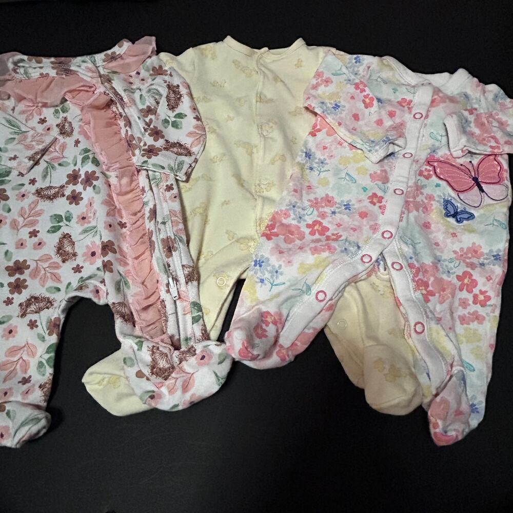 3 NB Newborn Footed Sleepers Girls Infant 0M Butterfly Flowers Ducks Snap Zipper